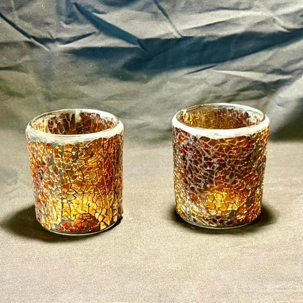 🚨 VINTAGE? Set of 2 Amber Crackle Glass Candle Holders Mosaic Glass Votive